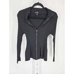 Vintage Y2K Questions by Say What Sz XL Zip Front Knit Sweater Black Rhinestone